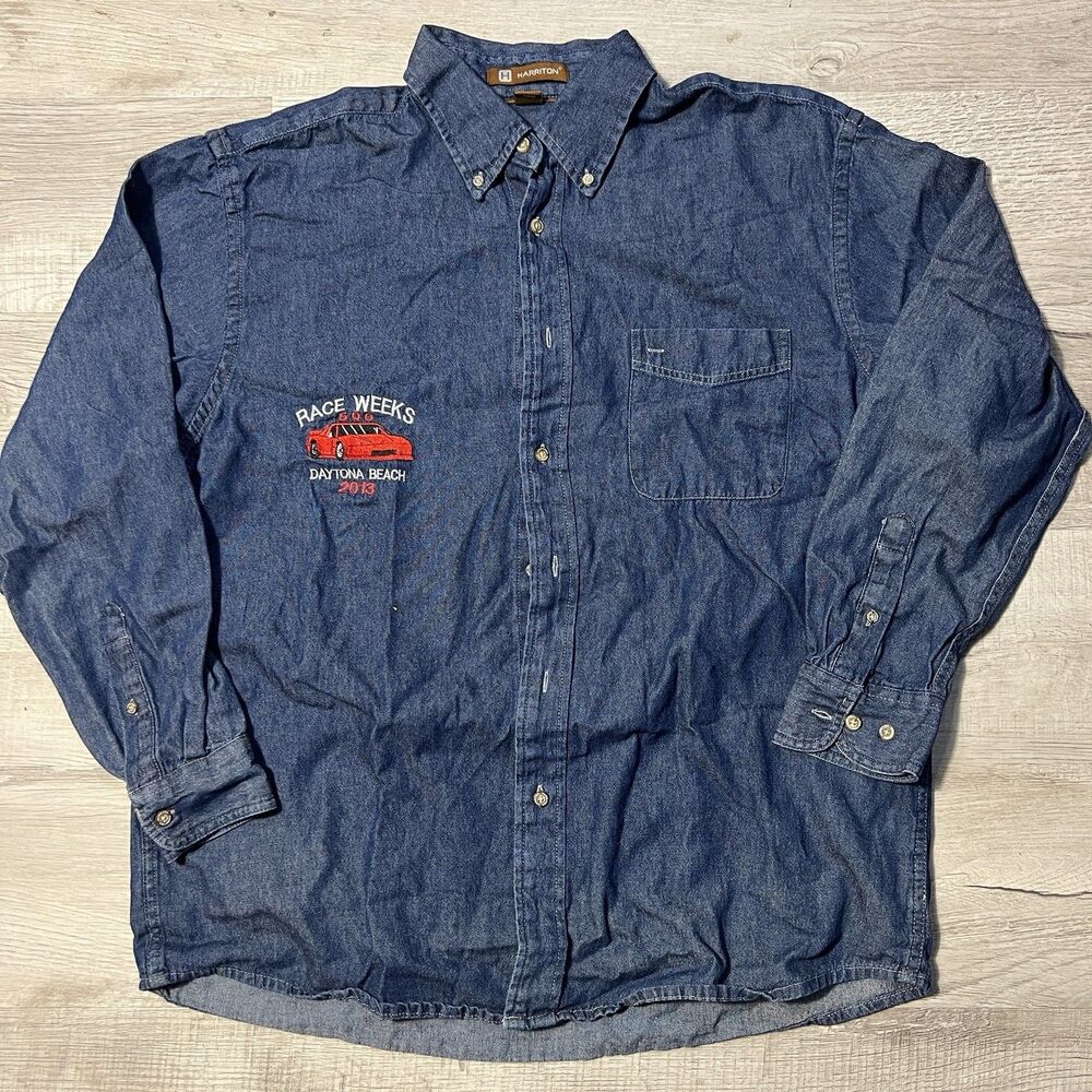 Harriton Denim Button Down Shirt Mens Large Race Weeks 500 Daytona Beach